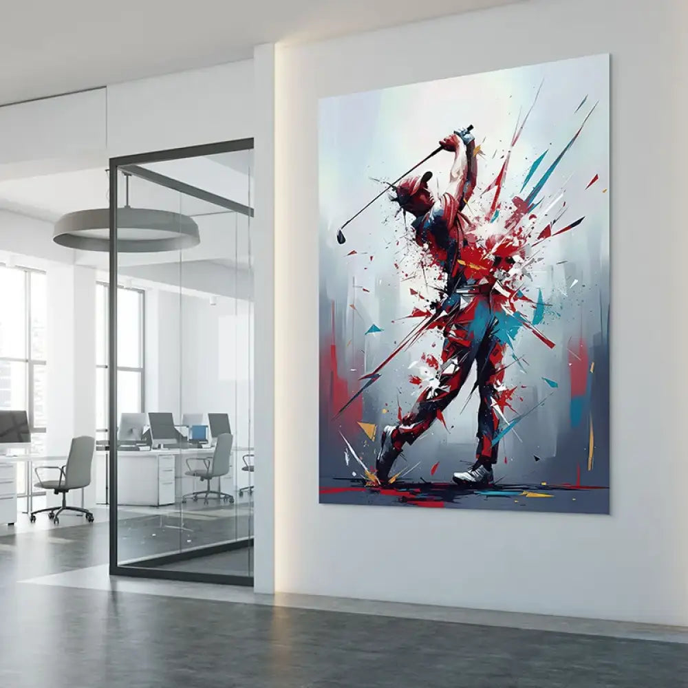 Tableau golf abstrait – énergie du swing rouge et bleu