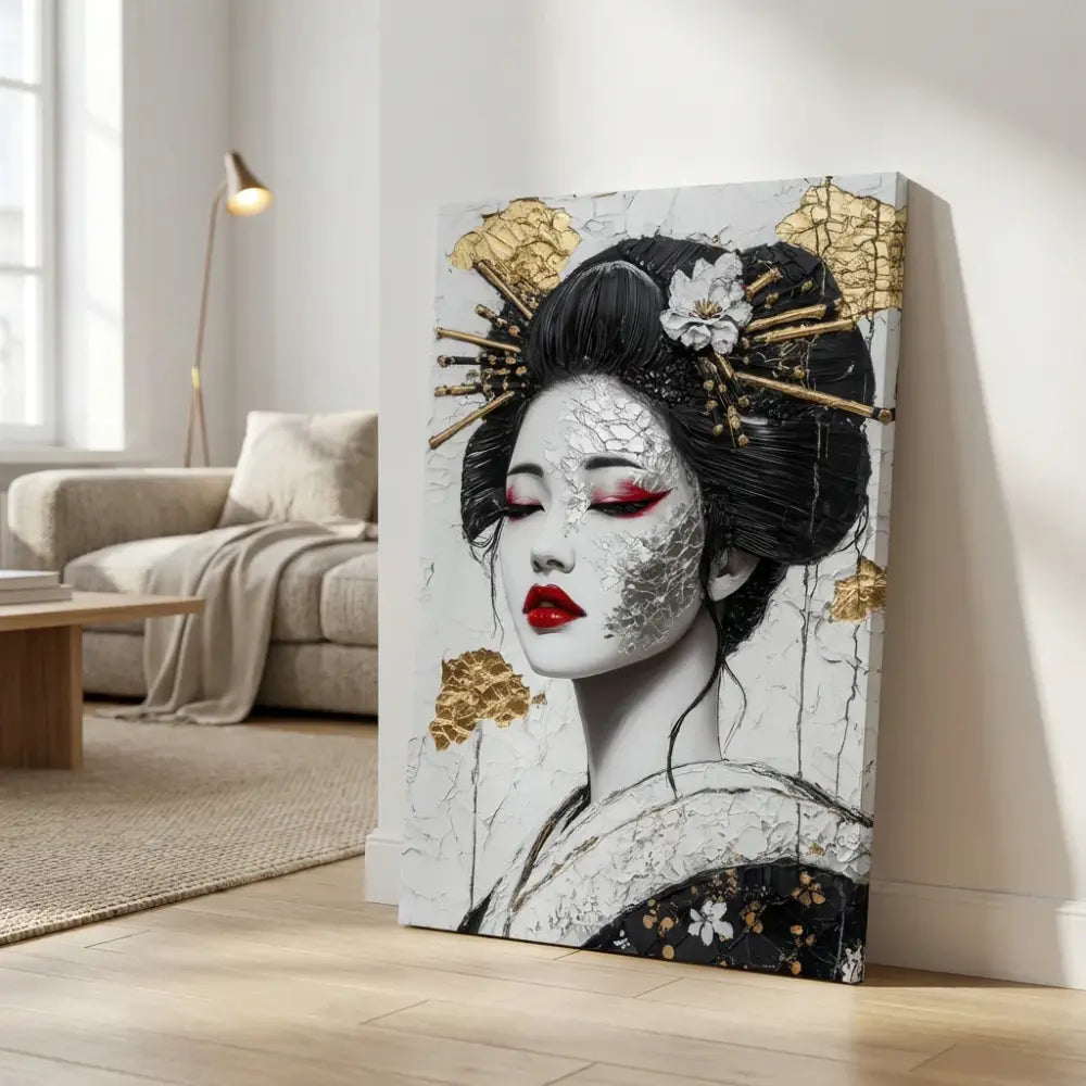 Tableau mural geisha noir blanc et or décoration intérieure chic