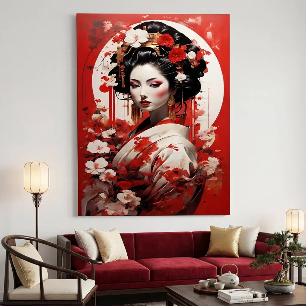 Red and white Japanese geisha painting, modern art