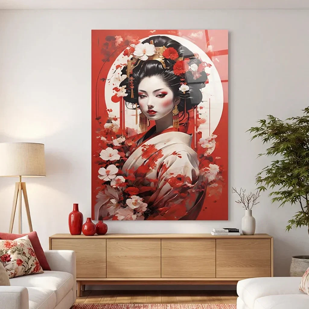 Japanese woman painting with red flowers wall art