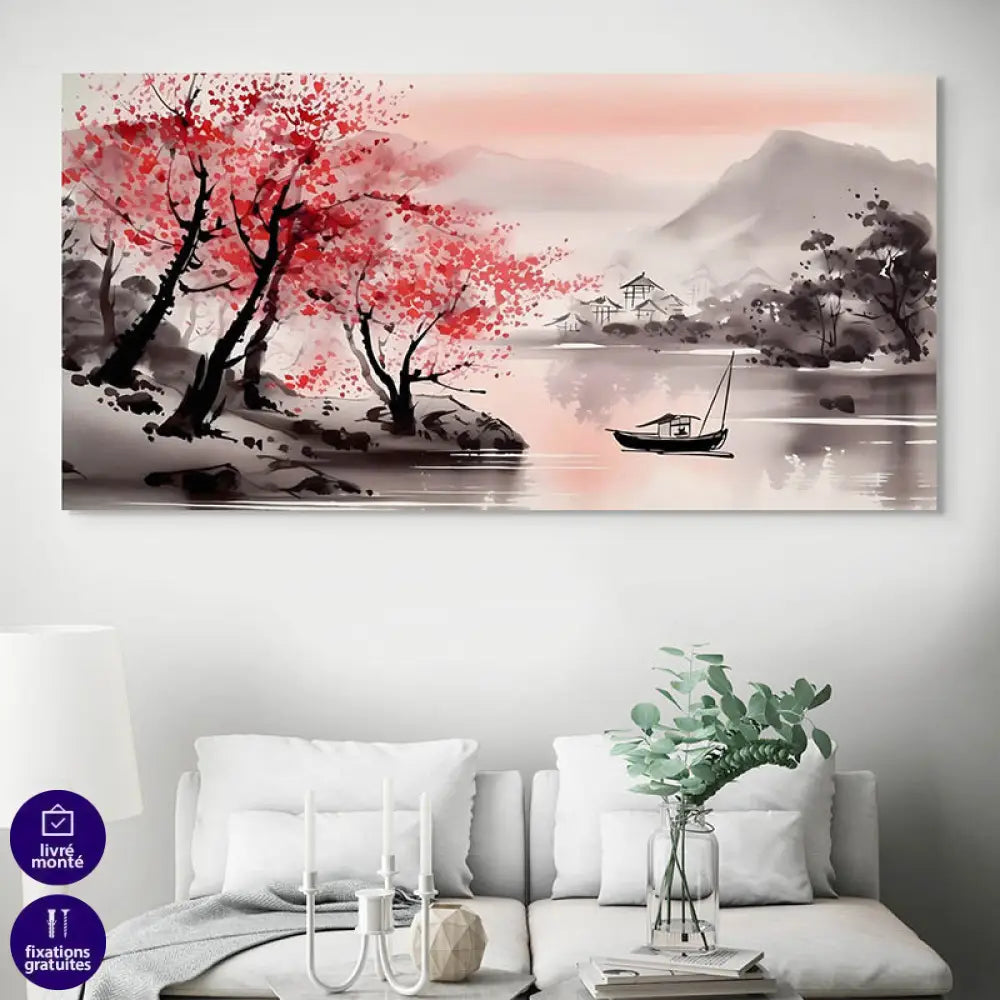 Tableau Japonais Lac des Cerisiers 40x80cm / Toile tendue sur châssis Tableau moderne