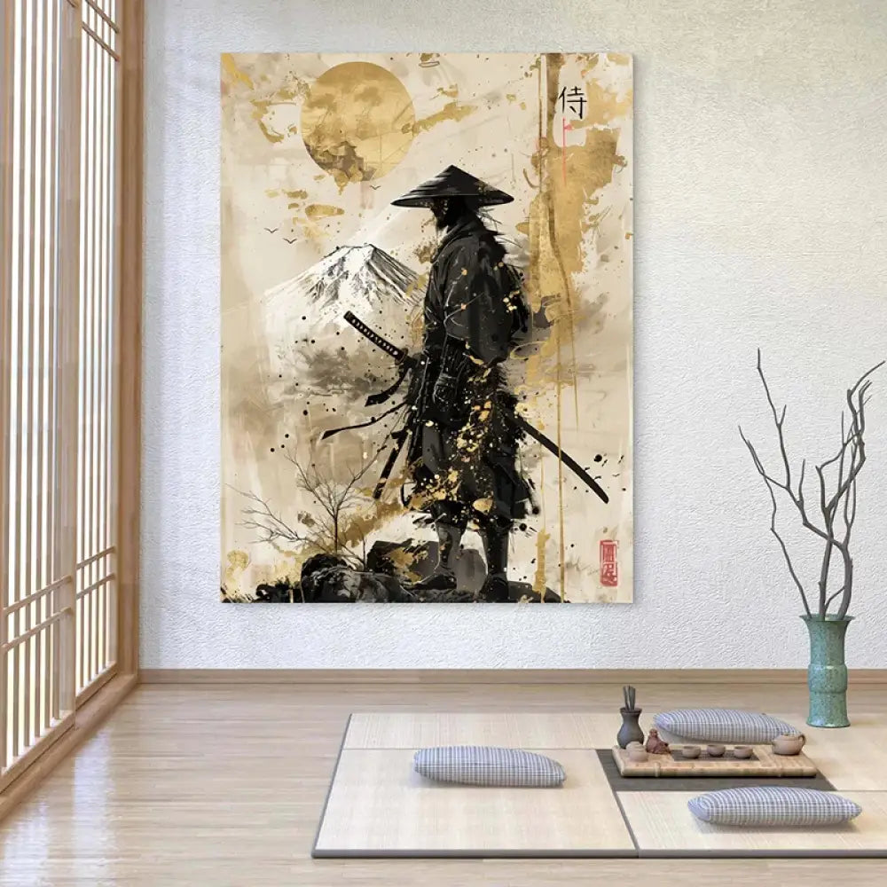 Tableau zen japonais – silhouette d’un samouraï sous un soleil doré
