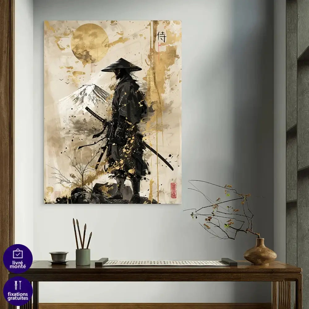 Décoration murale avec samouraï face au mont Fuji – tableau ambiance japonaise