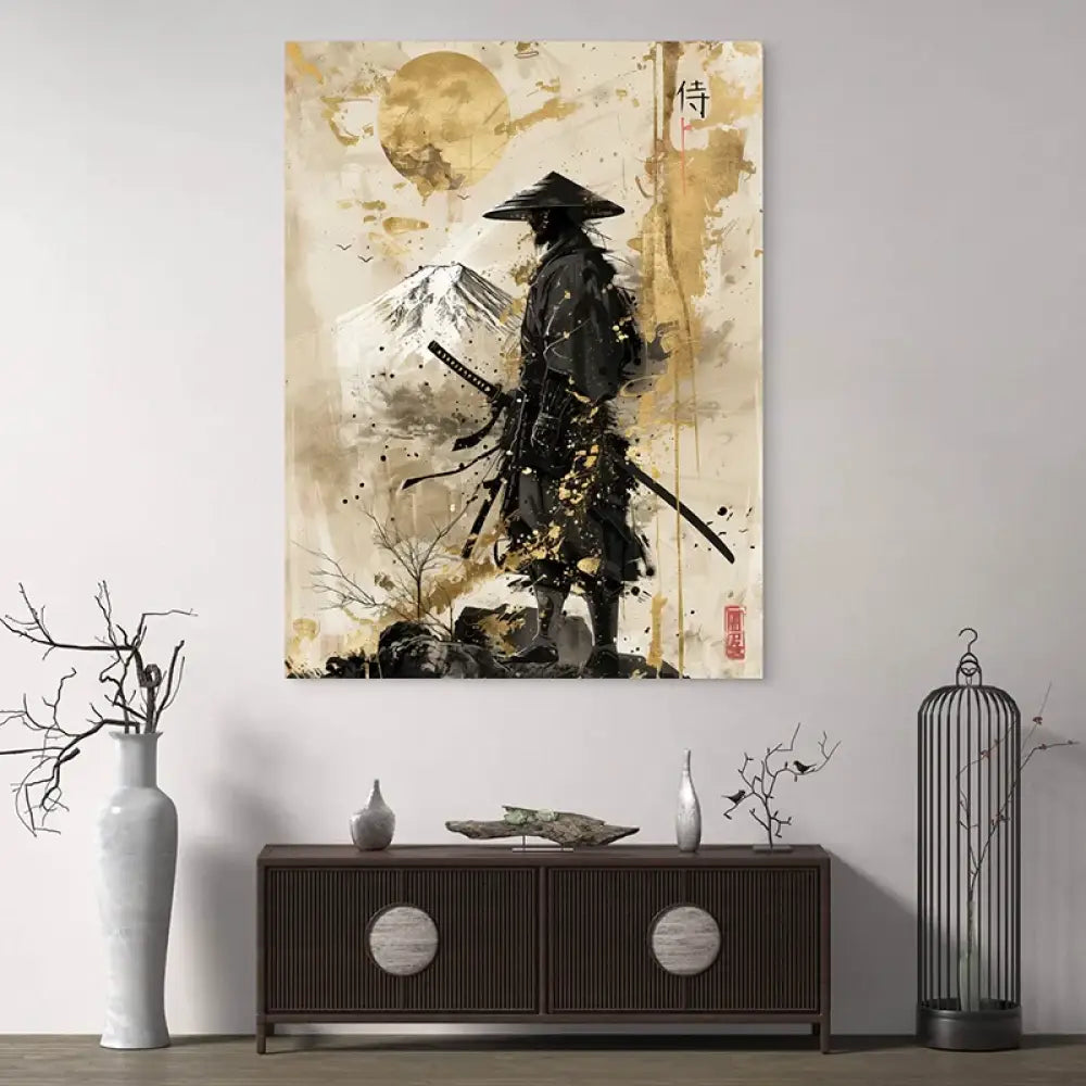 Art mural japonais sur toile – guerrier samouraï en noir et or