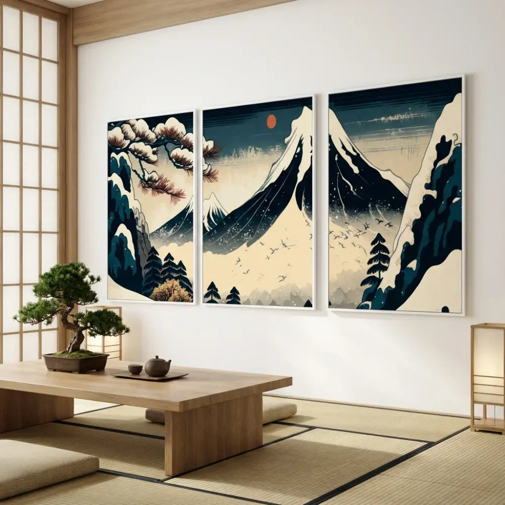Tableau Japonais Triptyque – Paysage Mont Fuji Enneigé - 40x60cm X3 / Affiche sans cadre - Tableau Japonais