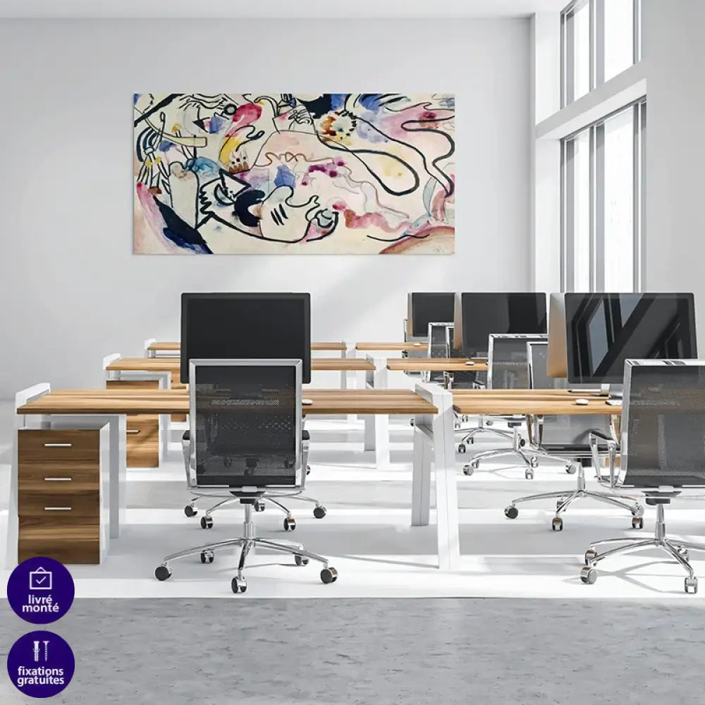 Traits noirs souples et lavis roses et bleus, aquarelle de Kandinsky