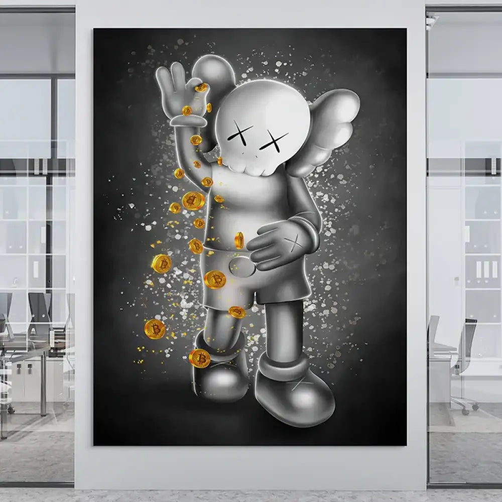 Toile Kaws crypto pop, fond spray et pièces dorées