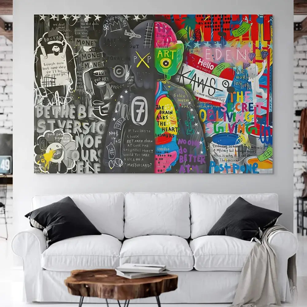 tableau kaws graffiti notes collage urbain couleurs vives
