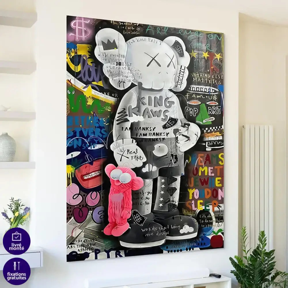 tableau kaws king of pop art personnage couronne fond graffiti coloré
