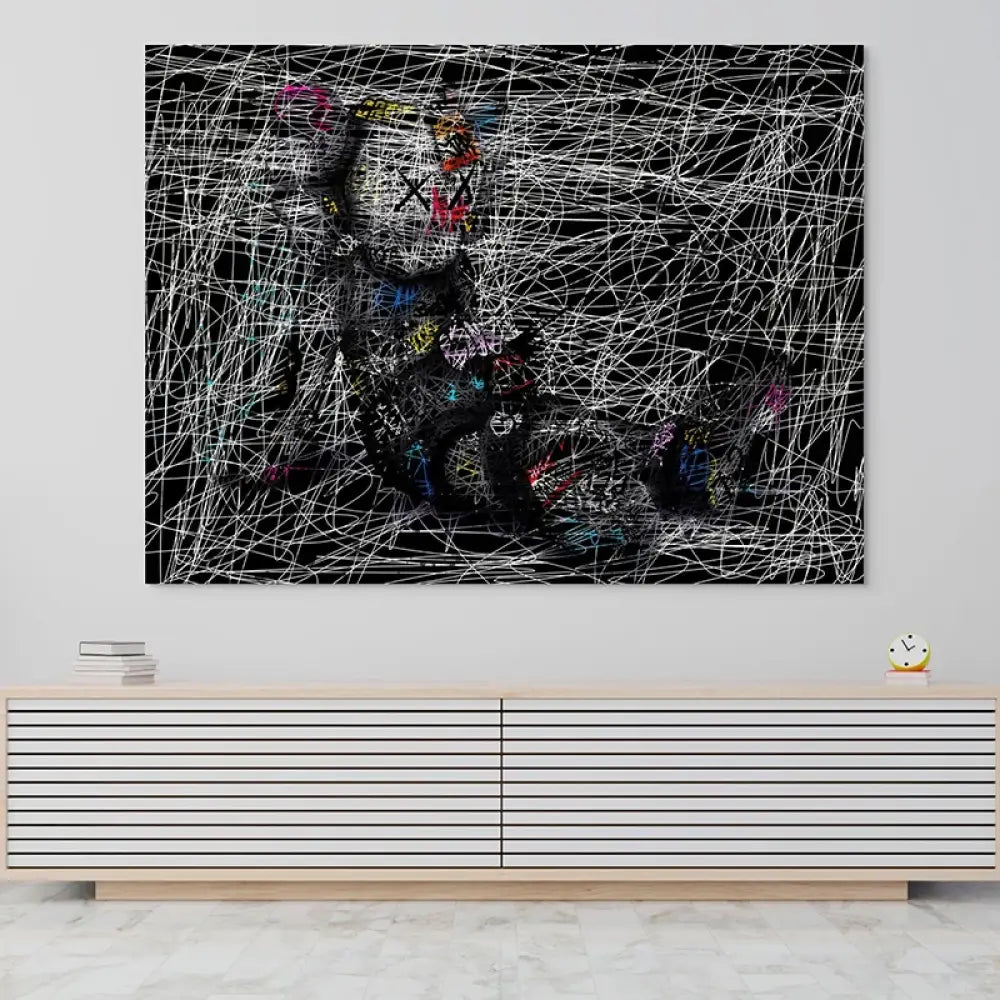 tableau urbain personnage assis yeux croisés lignes blanches dynamiques