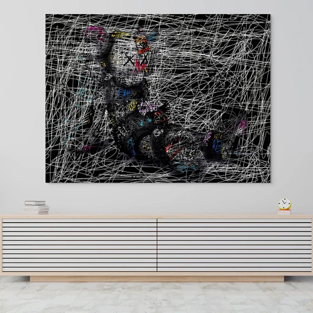 tableau urbain personnage assis yeux croisés lignes blanches dynamiques