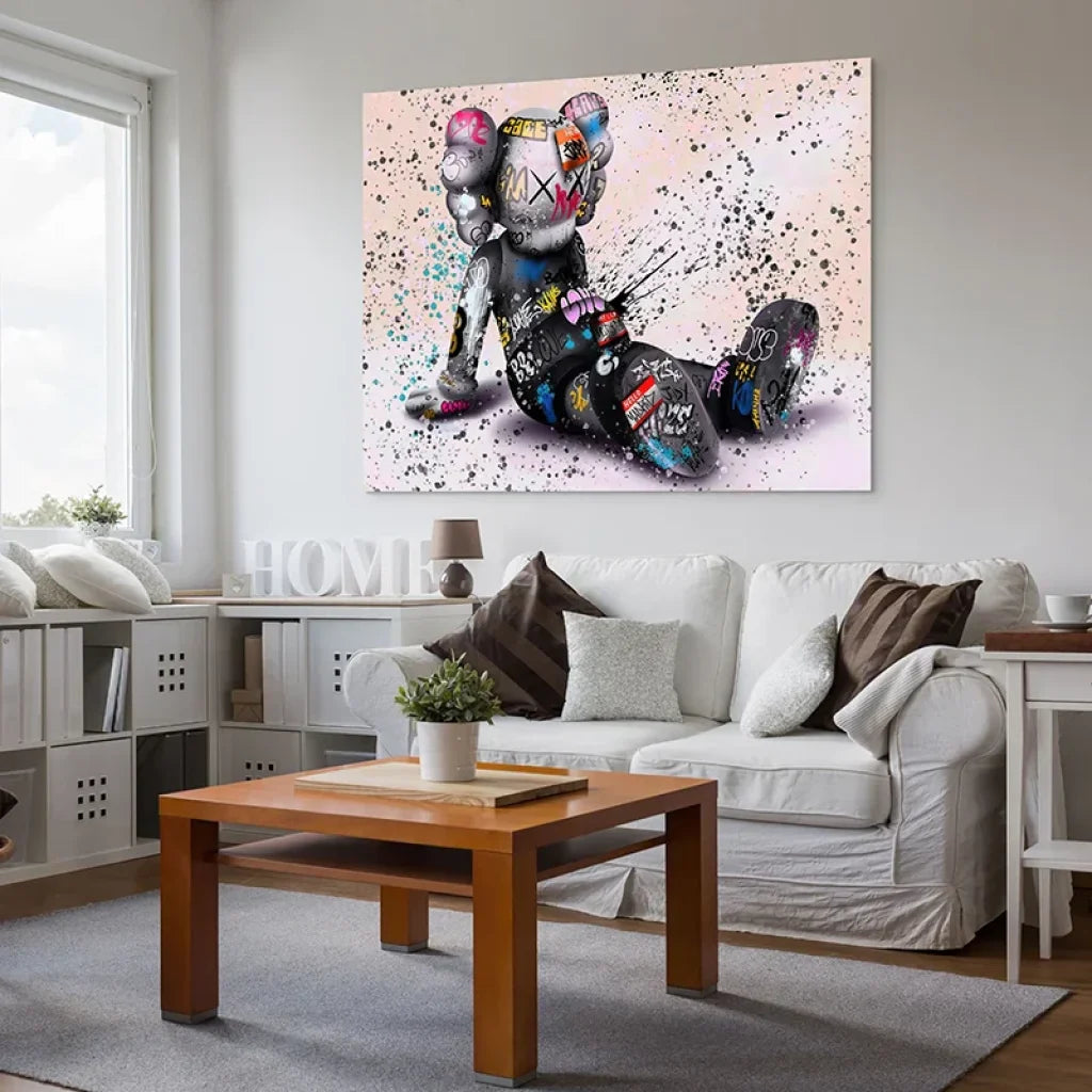 décoration murale street art personnage pop assis éclats de peinture