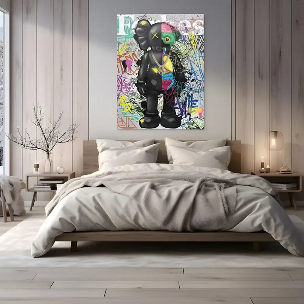 Tableau Kaws – Pop Culture Graffiti avec cadre noir, contraste urbain