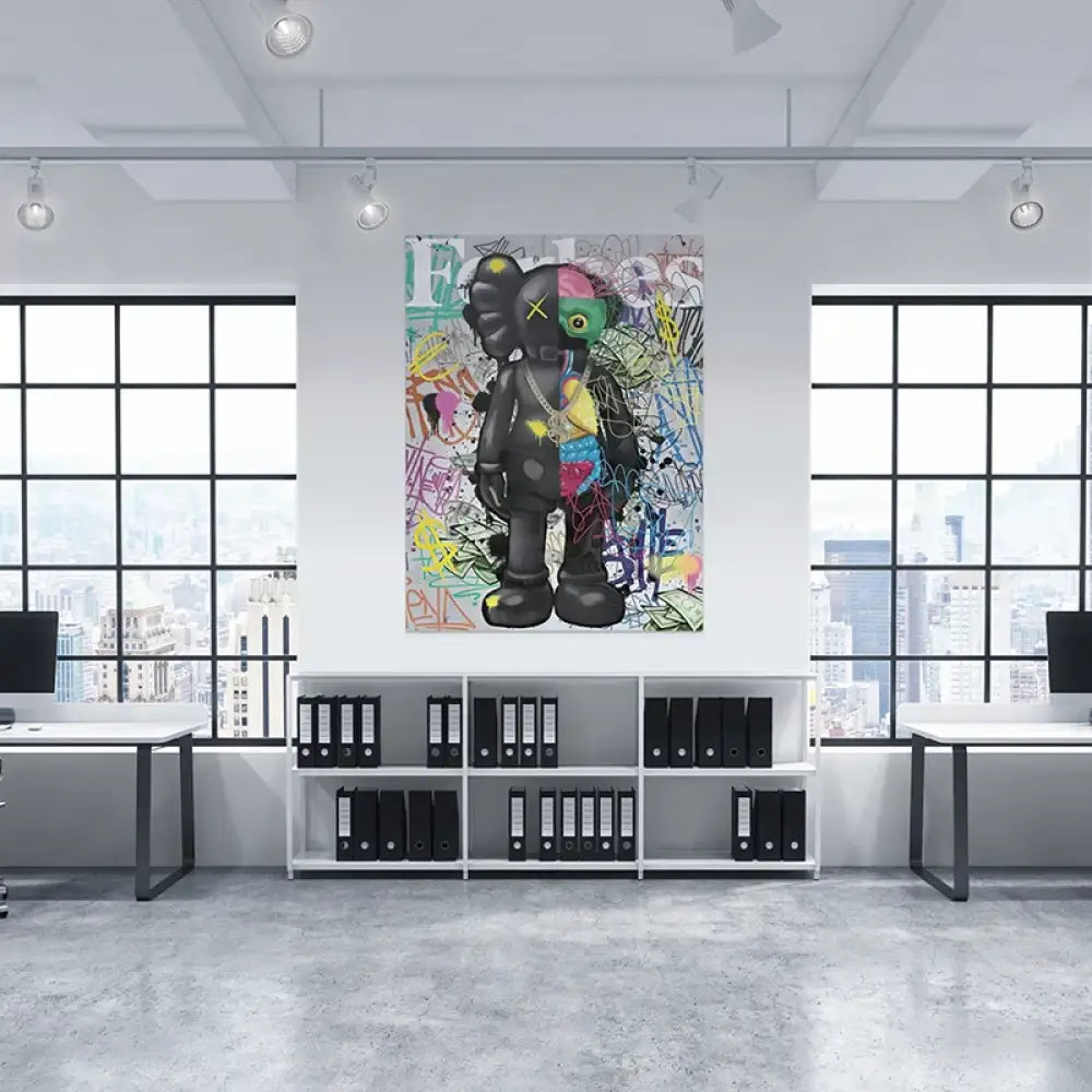 Affiche Kaws street pop, personnage split et lignes calligraphiques