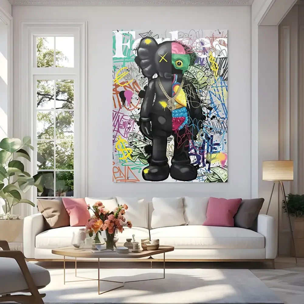 Tableau Kaws grand format, chaîne dorée et billets stylisés