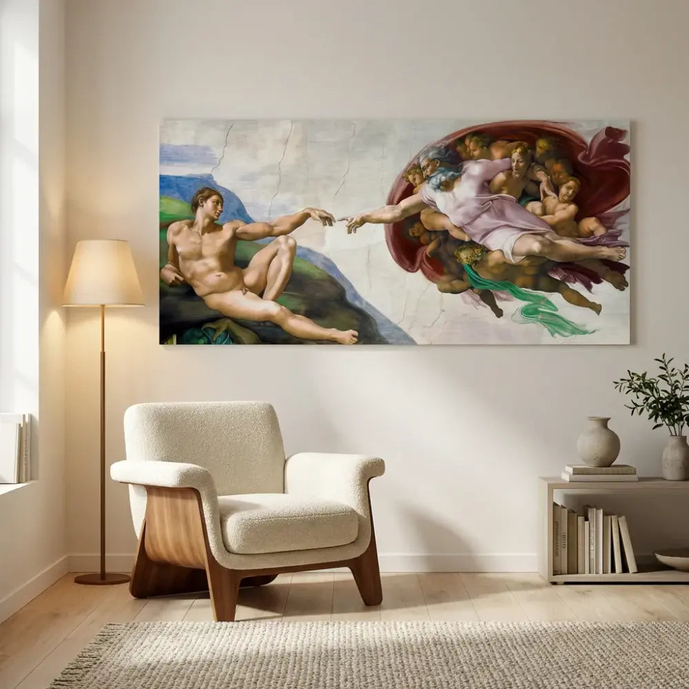 Renaissance painting The Creation of Adam above a sofa, chic living room decor