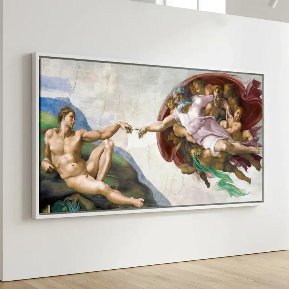 The Creation of Adam painting with white floating frame, elegant wall decoration