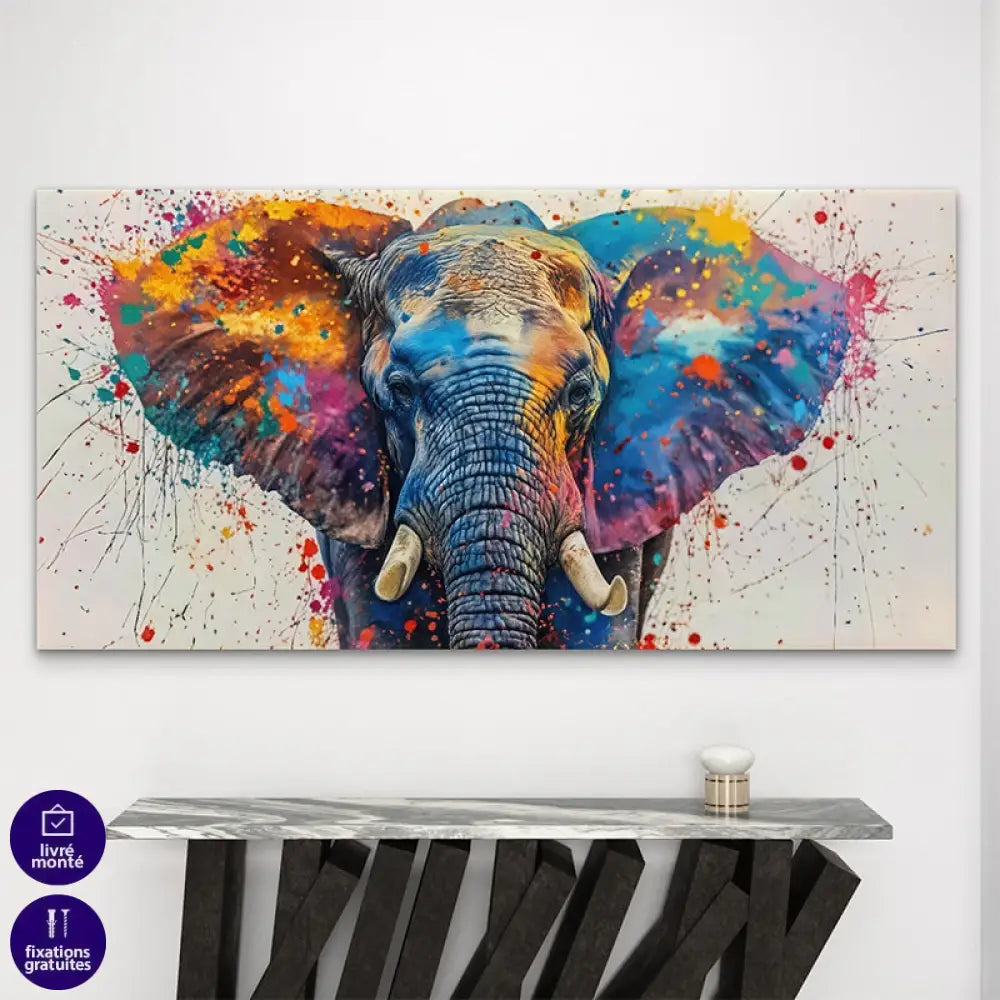 Tableau coloré Explosion Sauvage avec éléphant majestueux pour salon ou chambre contemporaine