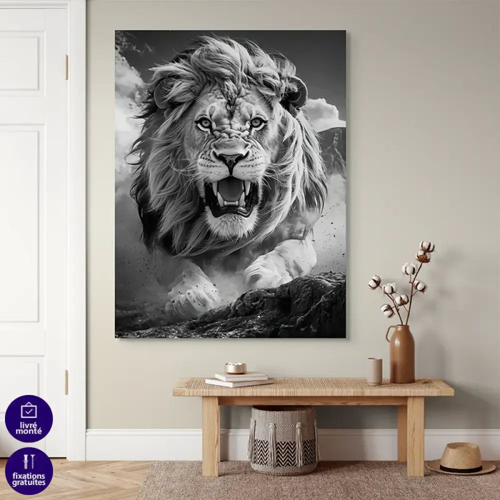 tableau lion noir et blanc face au roi gros plan