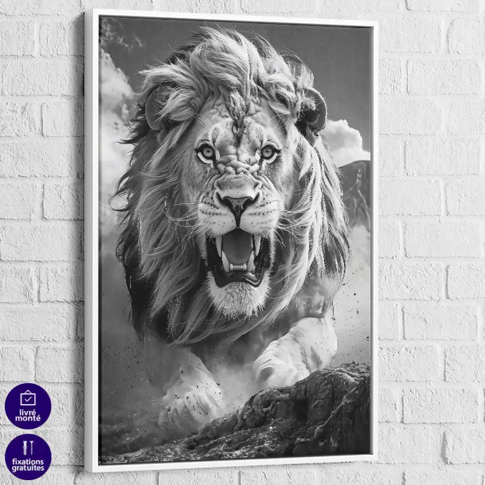 tableau lion face au roi avec cadre blanc