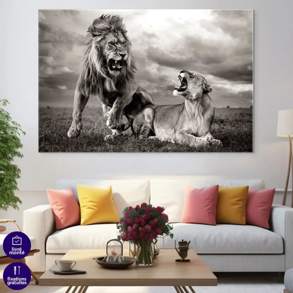 Tableau Lion La Confrontation pour déco de salon sauvage