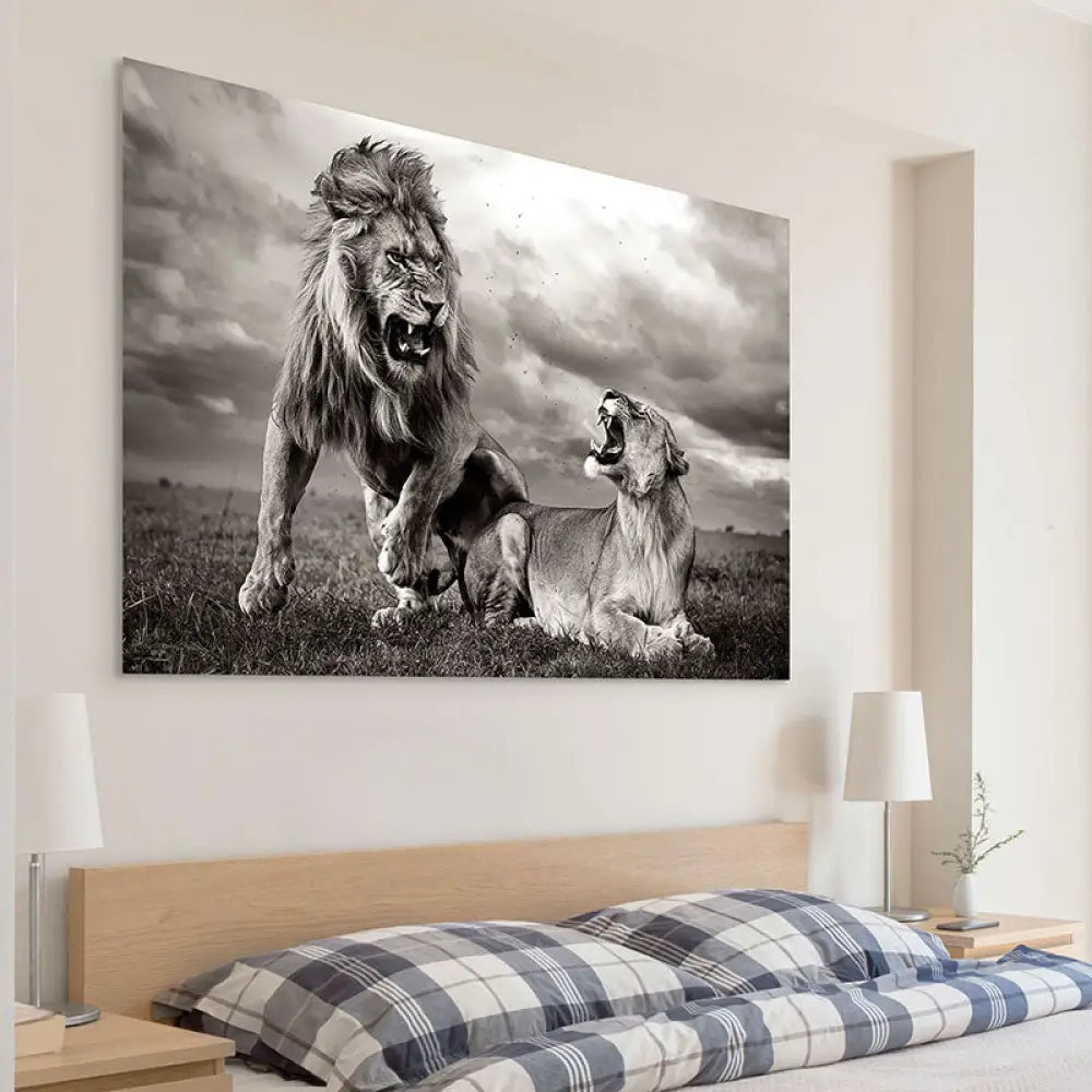 Tableau Lion La Confrontation pour déco de salon sauvage