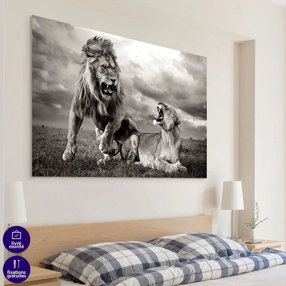 Tableau Lion La Confrontation pour déco de salon sauvage