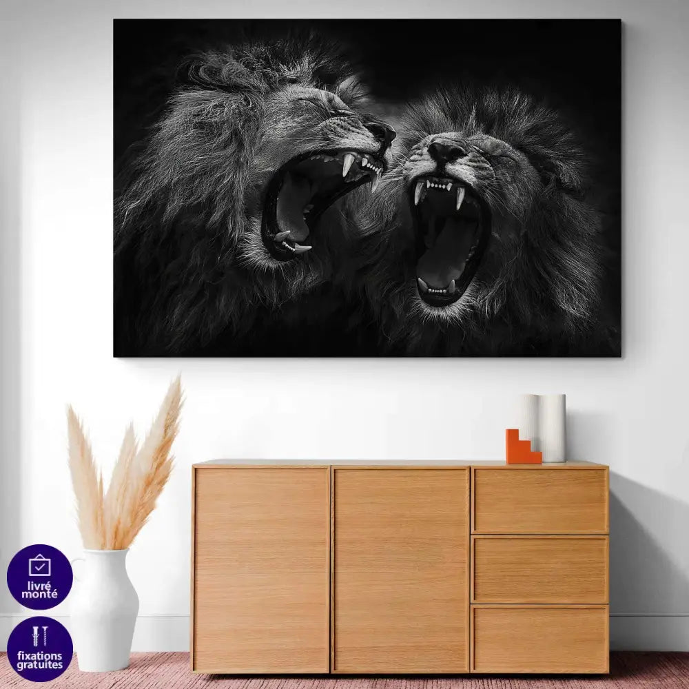 Tableau Lion Noir et Blanc Rugir - Montableaudeco