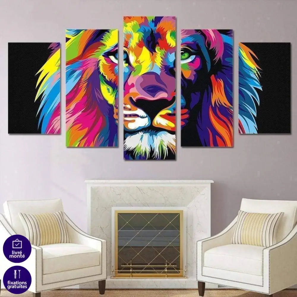 Tableau Lion Pop Art 5 Panneaux - Montableaudeco