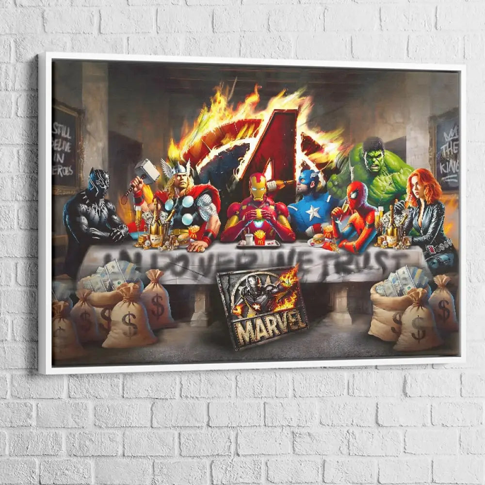 Scène artistique détournée Marvel façon repas des héros modernes