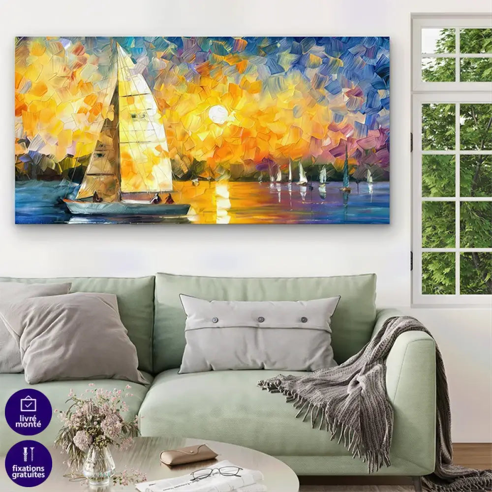 Tableau mer coucher de soleil avec voilier blanc sur fond orange lumineux