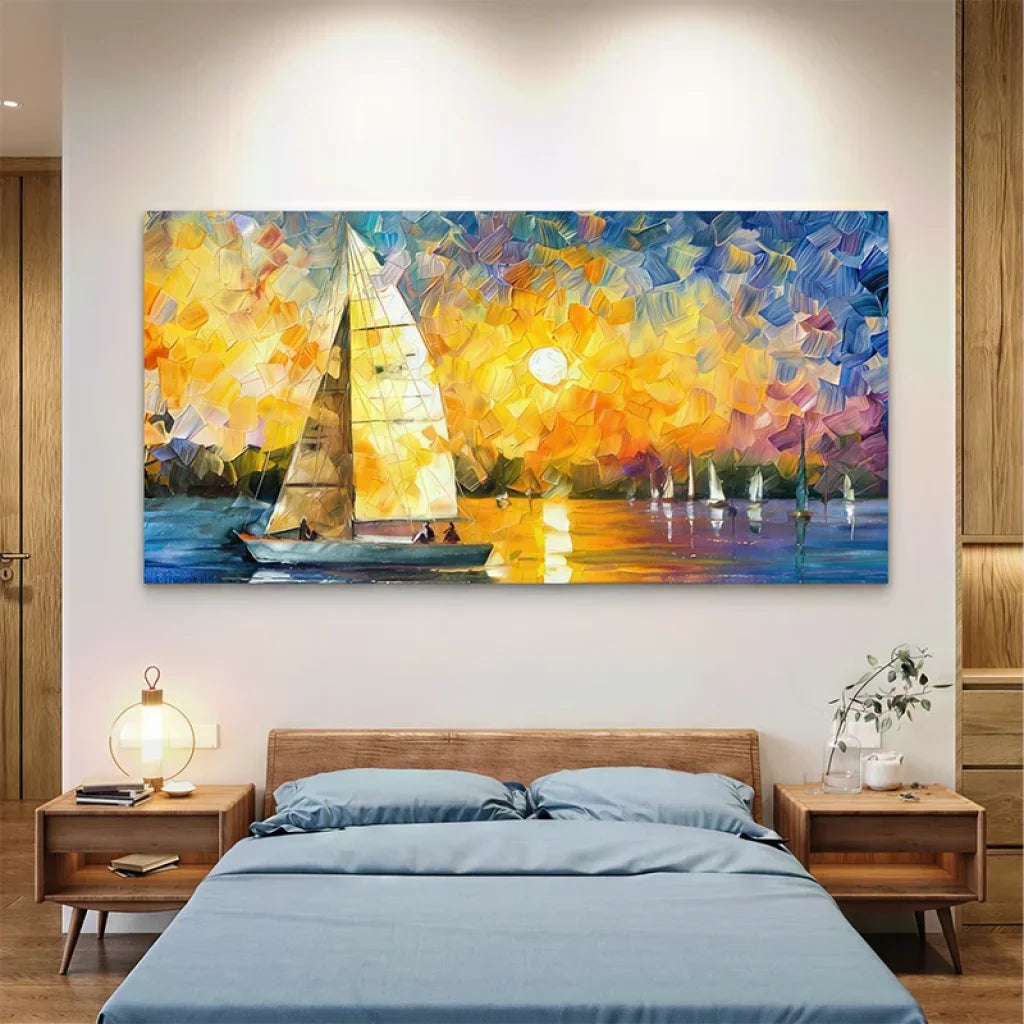 Œuvre murale moderne représentant la mer et la lumière du soir