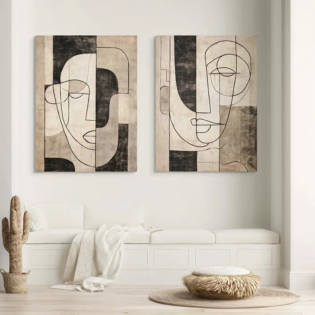 Tableau décoratif minimal – traits noirs sur fond beige naturel