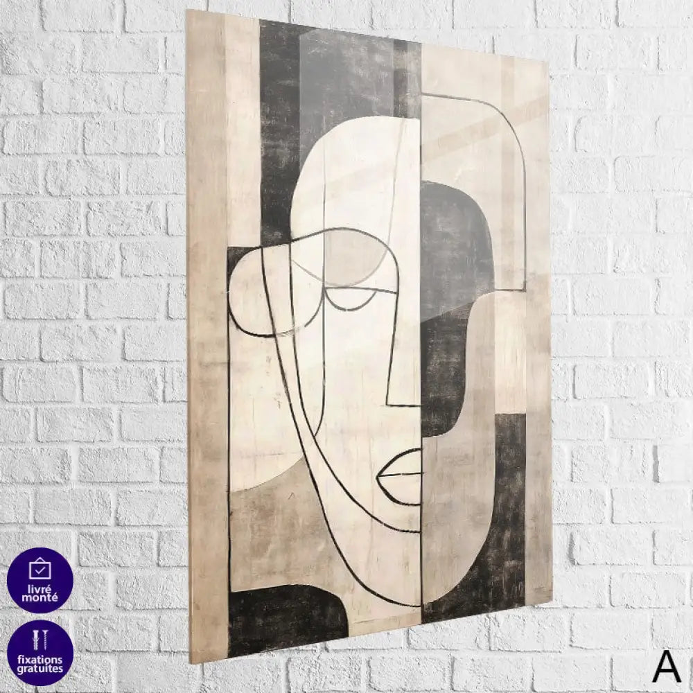 Tableau line art cadre noir – visage abstrait contemporain