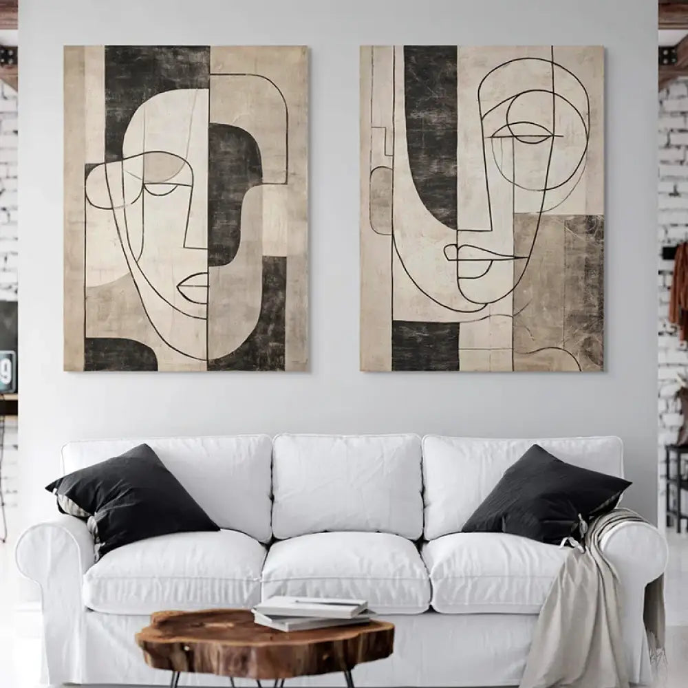 Tableau minimaliste visage line art noir et beige
