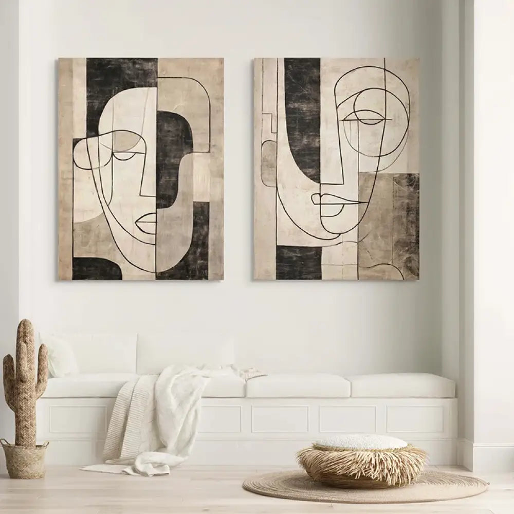 Tableau décoratif minimal – traits noirs sur fond beige naturel