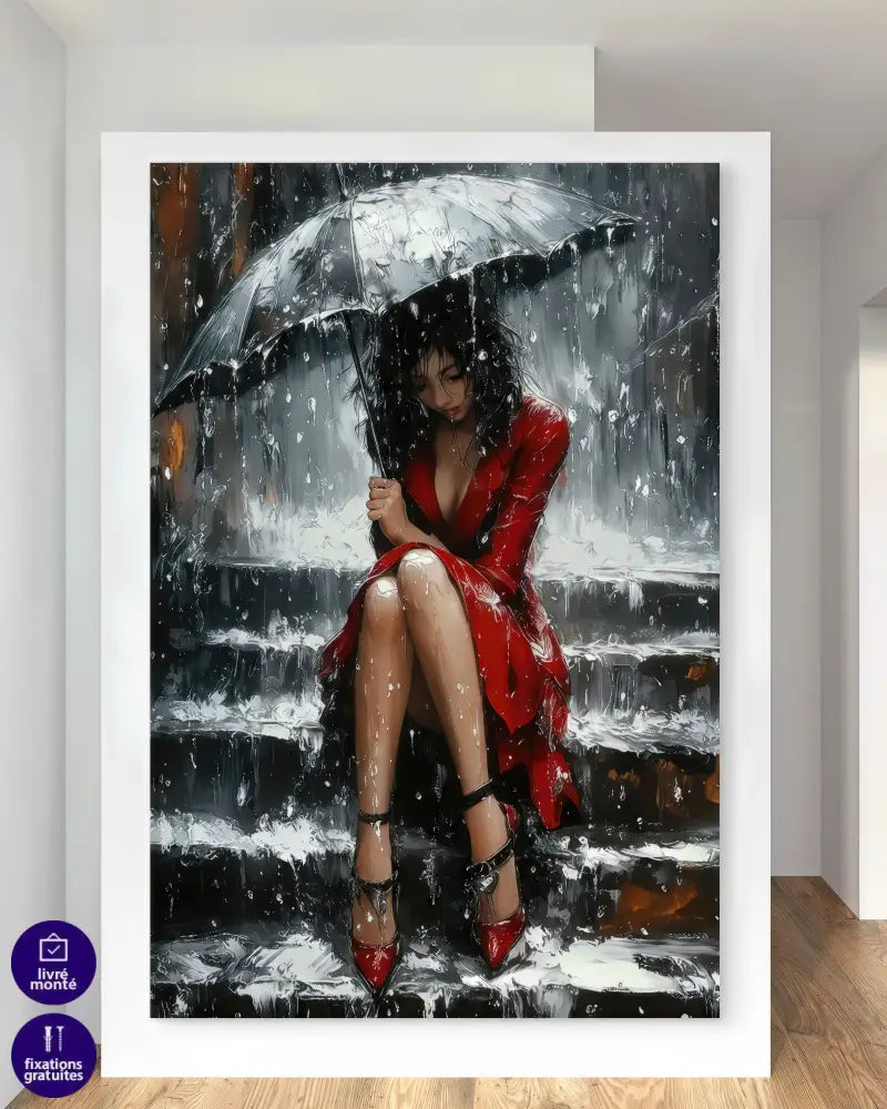 Femme en robe rouge sous la pluie tableau moderne émotionnel