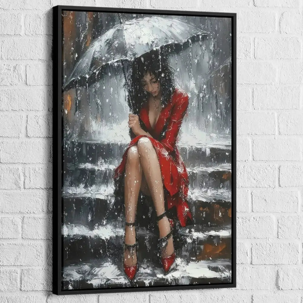 Portrait stylisé féminin sous l’orage avec robe rouge vif