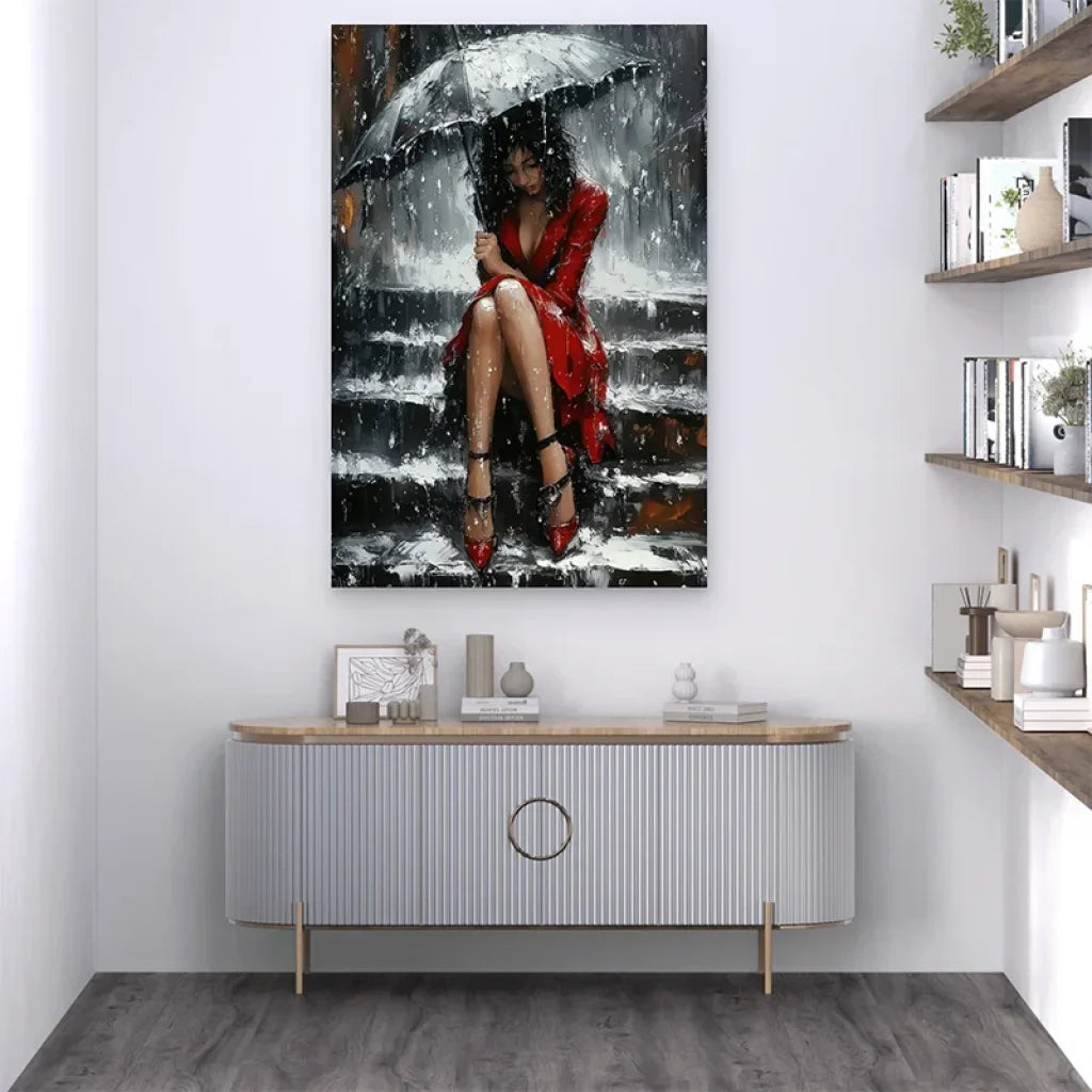 Décoration murale moderne scène mélancolique femme pluie