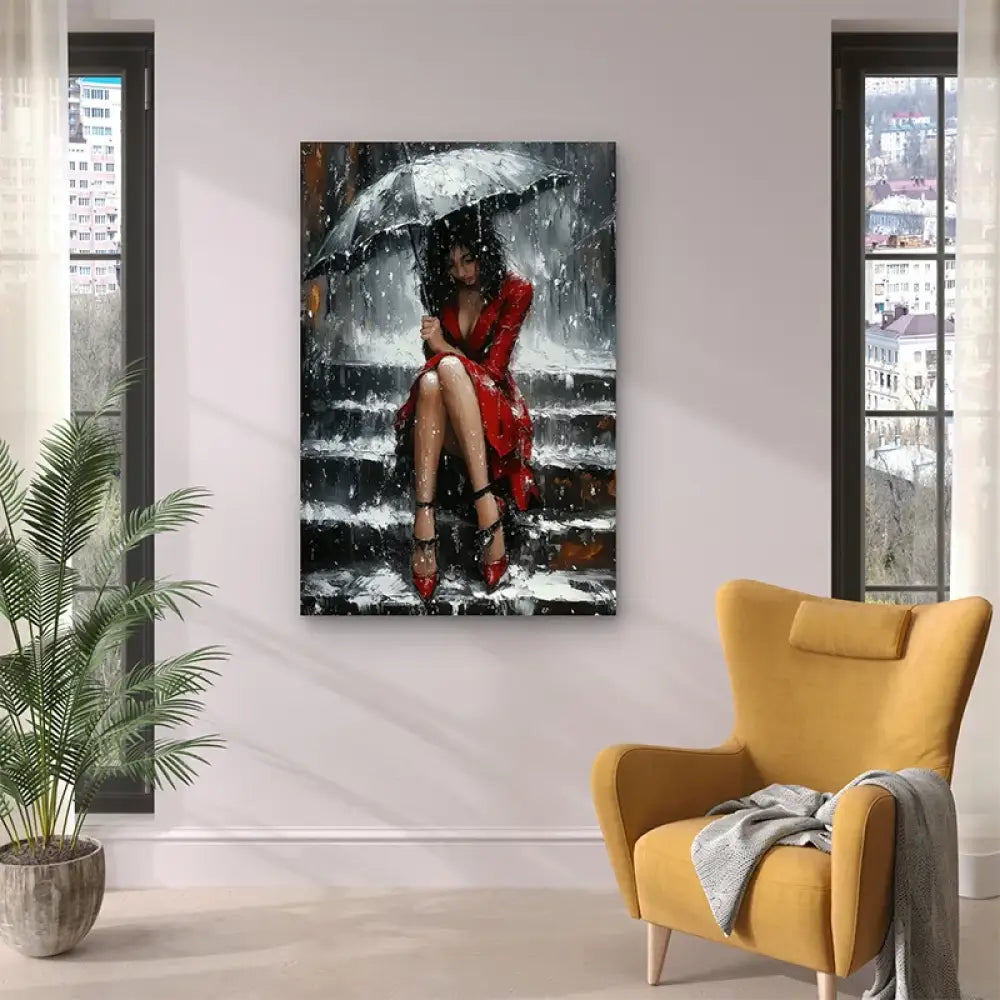 Œuvre artistique pluie et solitude en robe rouge