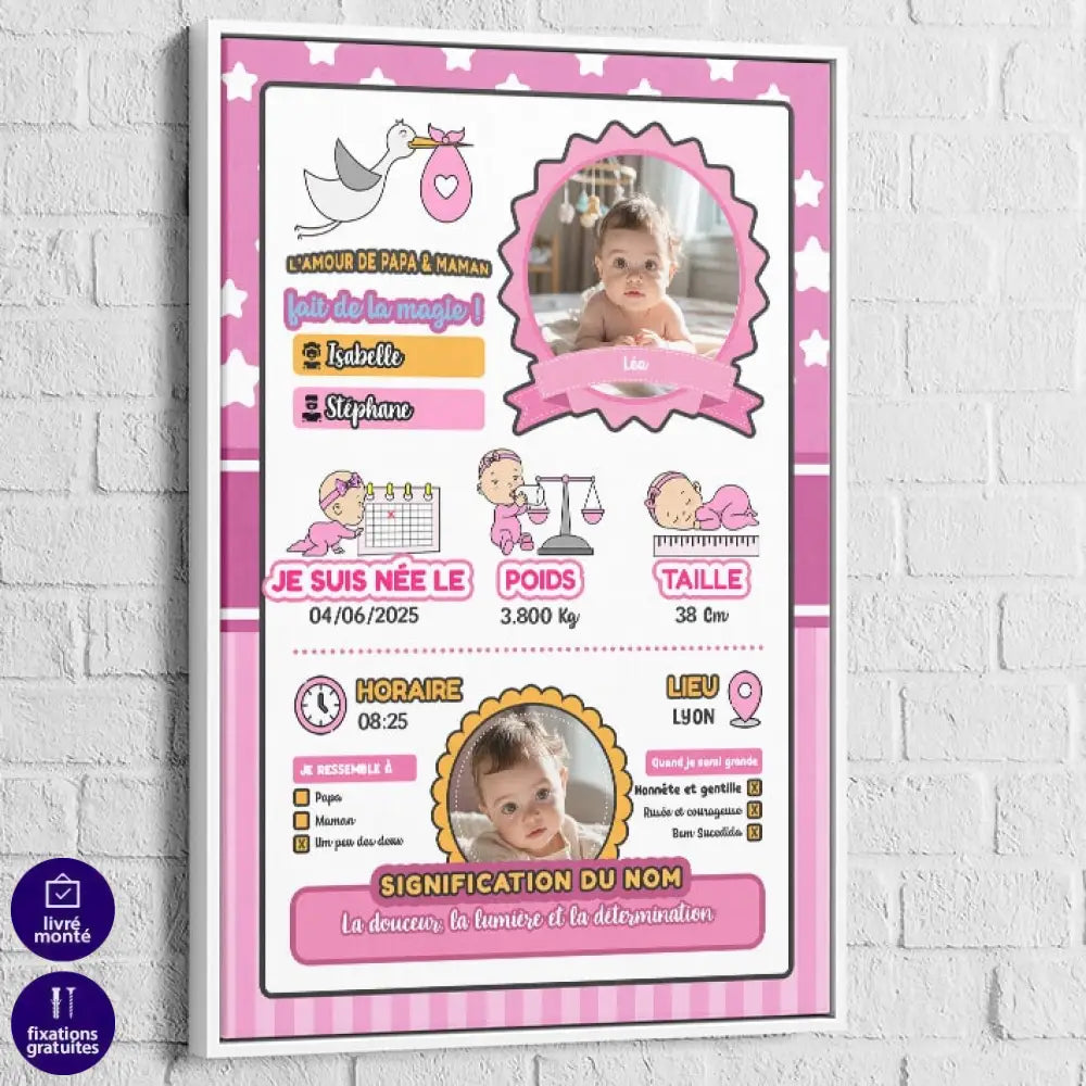 Cadeau de naissance original fille tableau illustré