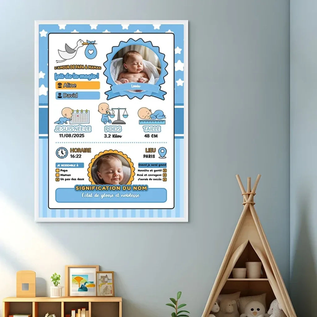 tableau naissance personnalisé garçon avec prénom et date