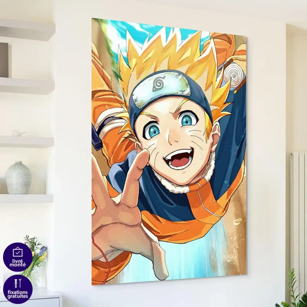 Tableau mural Naruto Uzumaki en plein saut et sourire éclatant