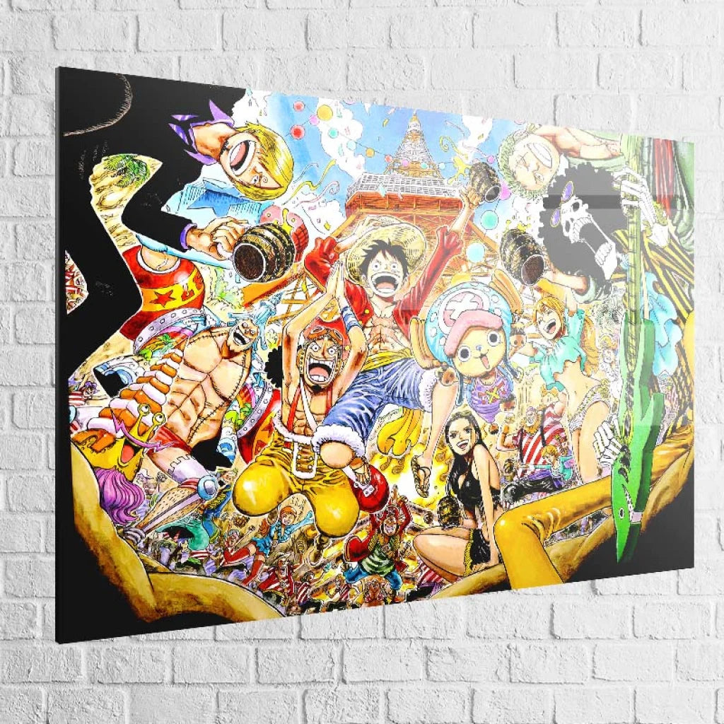 œuvre murale One Piece avec personnages emblématiques et décor parisien