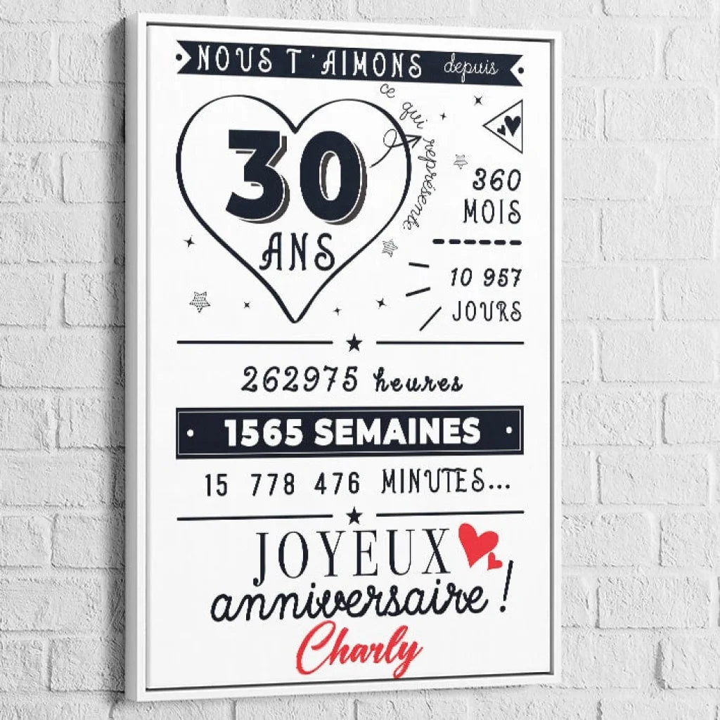 Tableau Personnalisé Anniversaire 40x60cm / Cadre blanc Toile Imprimée
