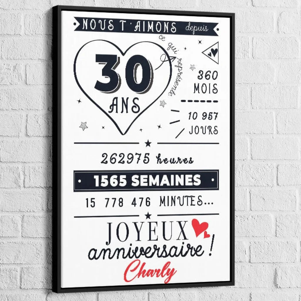 Tableau Personnalisé Anniversaire 40x60cm / Cadre noir Toile Imprimée