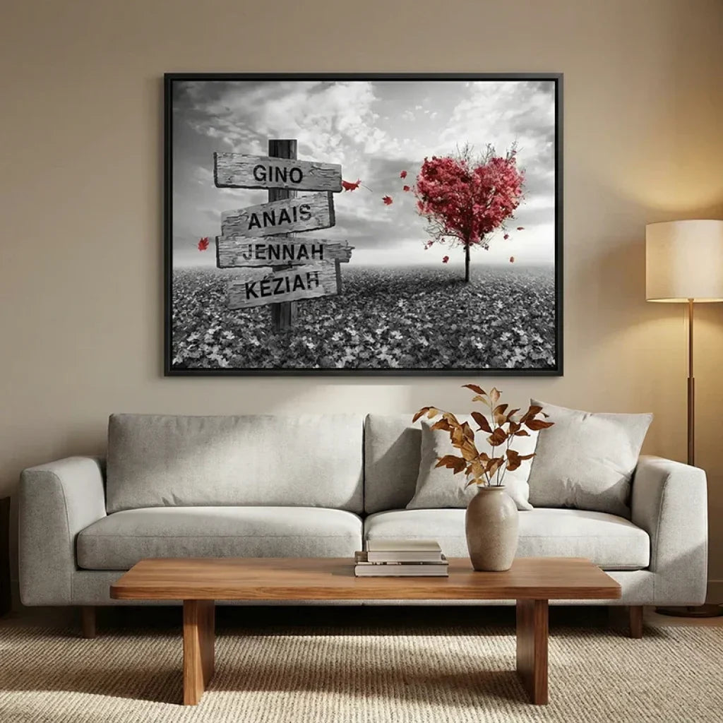 Tableau Personnalisé Prénoms Cœur Rouge - 40x60cm / Cadre noir - Toile Imprimée