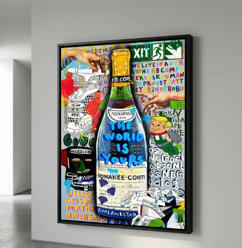 Pop art bottle painting with black floating frame, modern design decor