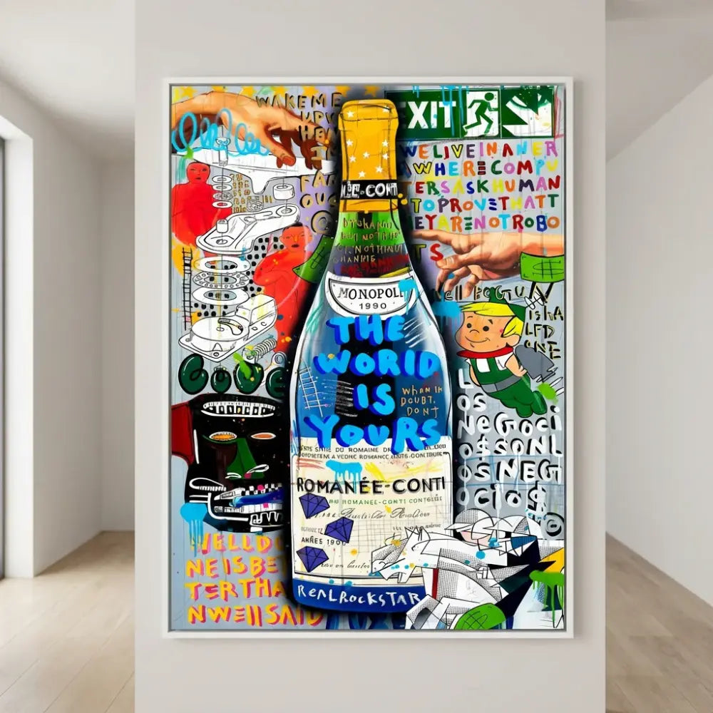 Street Art Canvas for living rooms, iconic bottles, and pop culture collages