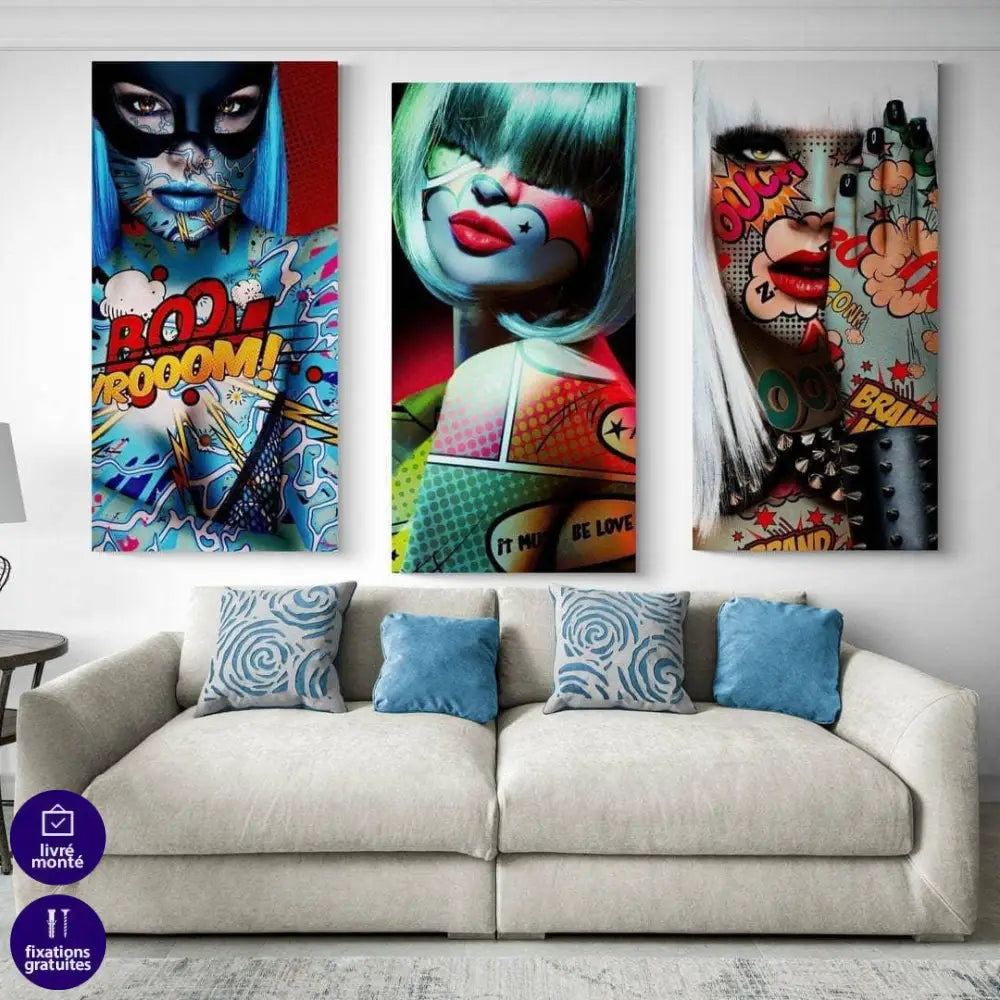 Tableau Pop Art Femme Sexy Tatoo 3 Pièces - Montableaudeco
